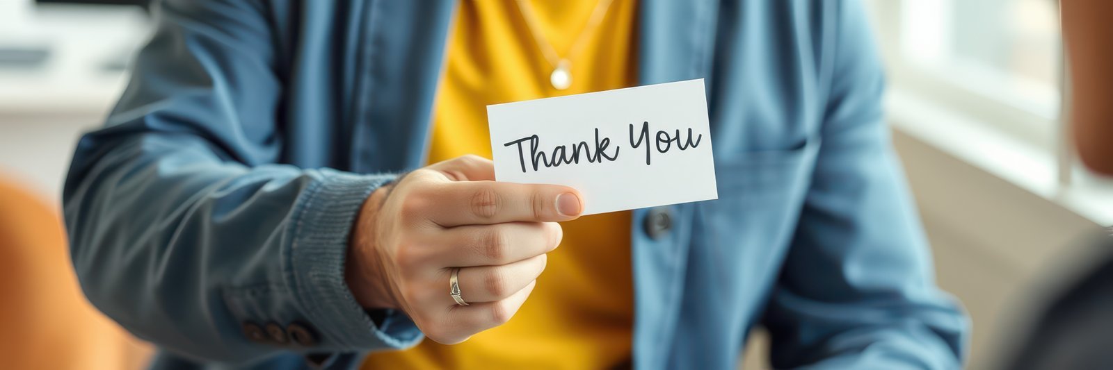 Person handing a thank you card during a meaningful conversation at an indoor setting